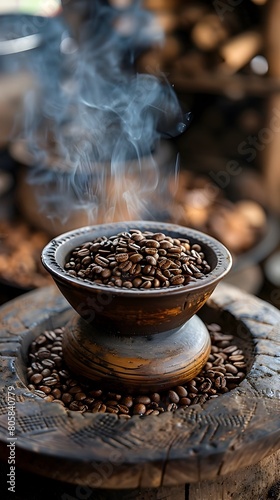 Aromatic Ethiopian Coffee Ceremony with Roasting Beans in Traditional Jebena Pot on Rustic Wooden Surface Cultural Heritage and Culinary Experience photo
