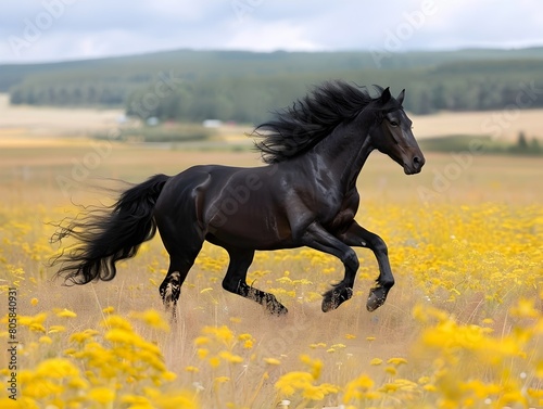 Powerful Icelandic Horse Galloping Through Vibrant Floral Meadow Showcasing the Breed s Resilience and Unique Gaits in Harmony with the Stunning