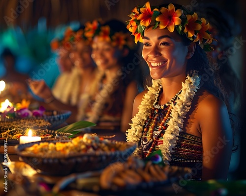 Vibrant Hawaiian Luau with Hula Dancers and Feast of Local Delicacies Celebrating Cultural Traditions on Tropical Island photo