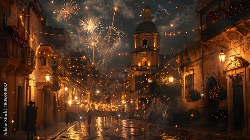 Vibrant Maltese Festa with Fireworks and Religious Procession in Historic Village