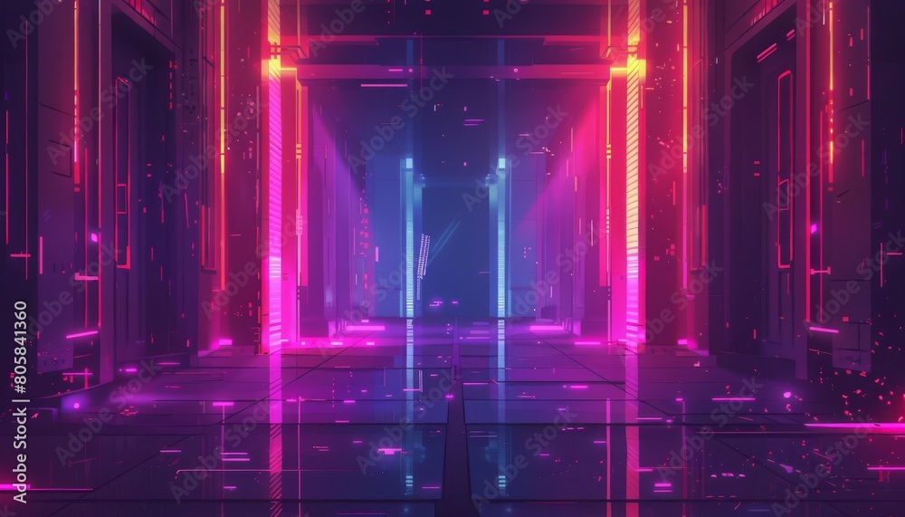A futuristic scifi hallway in pixel art style, where neon lights and doors blur into abstract shapes