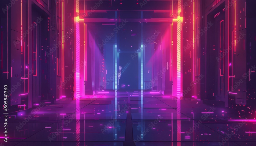 Obraz premium A futuristic scifi hallway in pixel art style, where neon lights and doors blur into abstract shapes