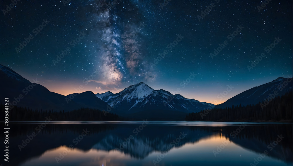 custom made wallpaper toronto digitalCelestial Majesty, A Stunning Mountain Silhouette Reflects in a Serene Lake Under the Glittering Canopy of a Starry Night