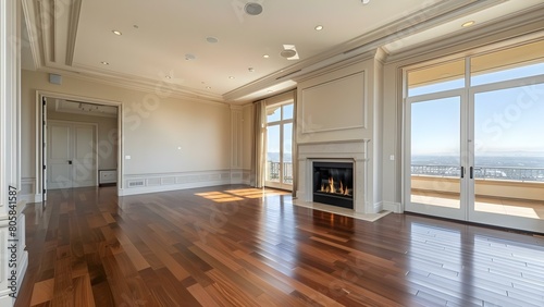 Luxurious living room with hardwood floors fireplace and large windows with view. Concept Luxury Interiors  Hardwood Floors  Fireplace Design  Large Windows  Interior Views