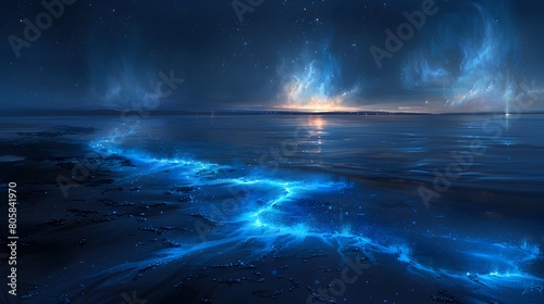 Bioluminescent Bay at Night with Glowing Water and Starry Sky in an Ethereal Mystical Landscape