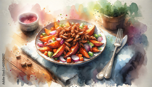 Watercolor painting of a Sweet Potato Carnitas Hash photo