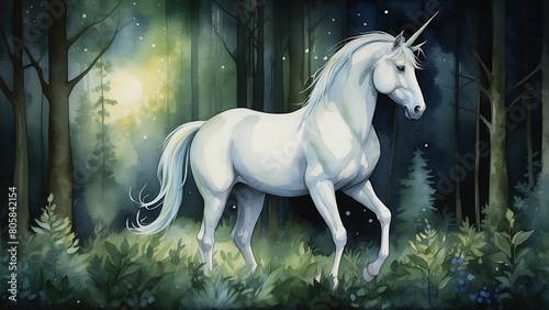 White unicorn in the forest. Watercolor painting. Illustration.