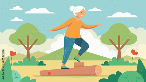 A smiling elderly woman practices her balance and coordination by walking on logs p in a serene park setting during an outdoor fitness class.. Vector illustration © Justlight