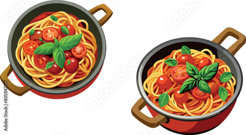 Fresh spaghetti pasta in pot with tomato and basil