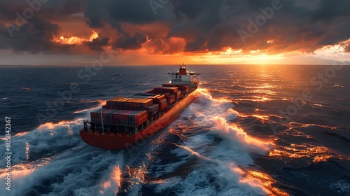Cargo Ship Traversing Stormy Seas During Dramatic Sunset Voyage for Global Trade and Logistics