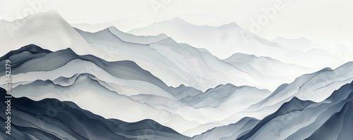 A creative collage of organic shapes resembling mountain ranges  layered in gradients of gray and white