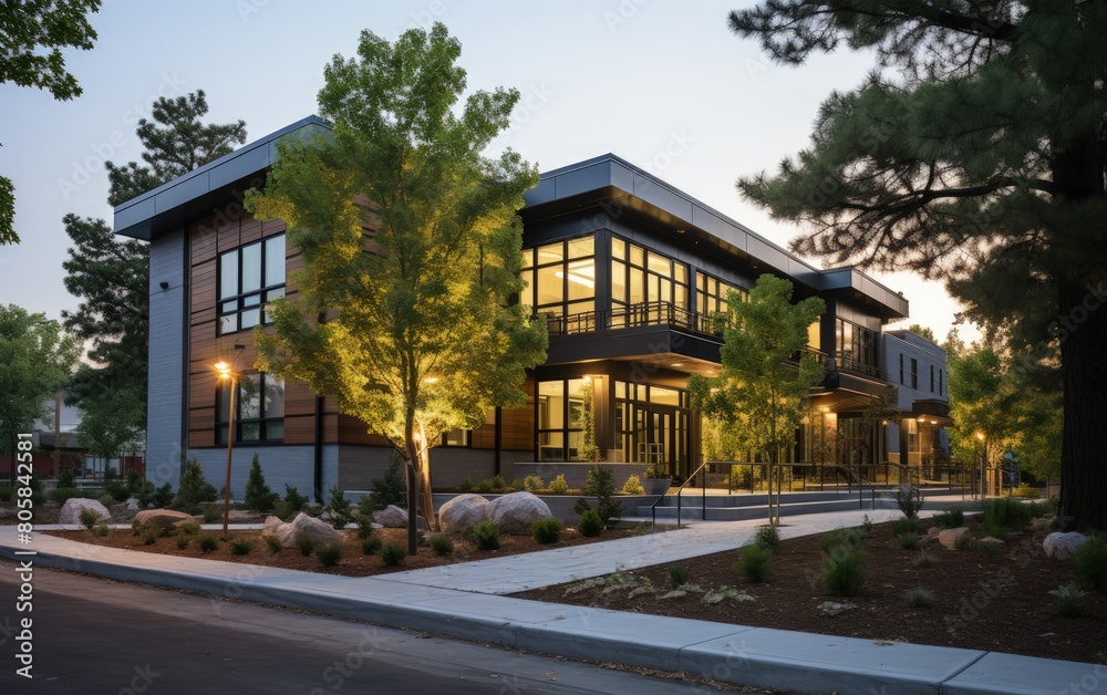 a building with a tree in front