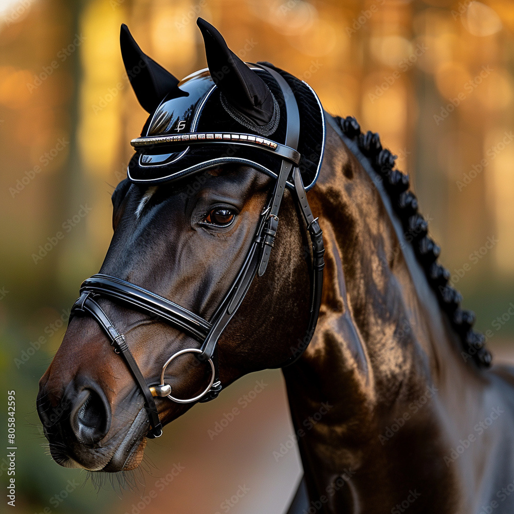 Elegant Black Horse in Dressage Bridle and Ear Bonnet Elegant Black Horse in Dressage Bridle and Ear Bonnet