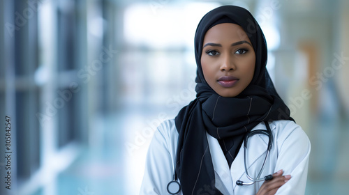  Black woman doctor in hijab wearing a white lab coat and has a stethoscope around her neck with arms crossed looking at the camera standing inside a hospital hallway.