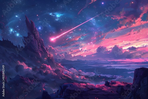 Dramatic Cosmic Landscape with Bright Meteor Streaking Across Starry Skies