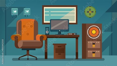 A worn leather chair sits in front of the computer where the engineer spends hours finetuning the sound. Vector illustration