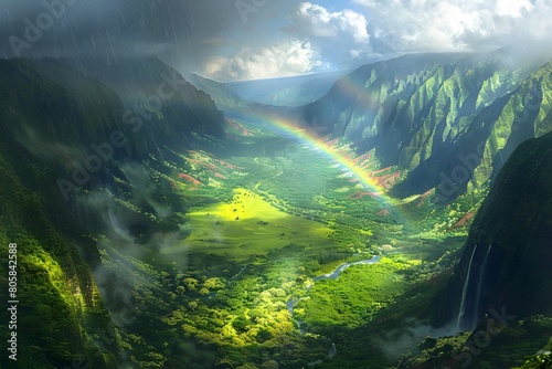 Dramatic Landscape with Vibrant Rainbow Arcing over Lush Mountain Valley After Storm photo
