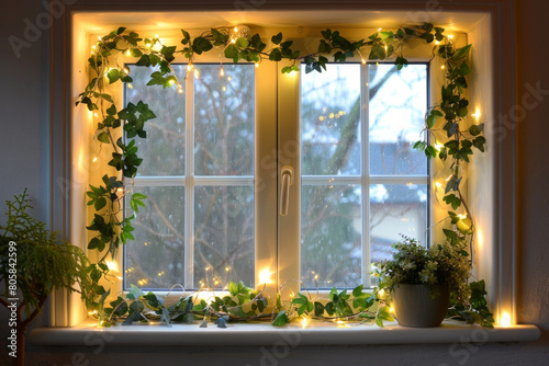 A charming image of a window frame adorned with fairy lights arranged around the edges or intertwined with faux greenery or flowers. The lights illuminate the window frame.
