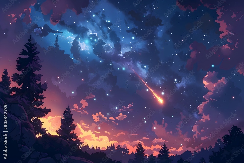 Enchanting Cosmic Landscape with Glowing Meteor Streaking Across Starry Night Sky
