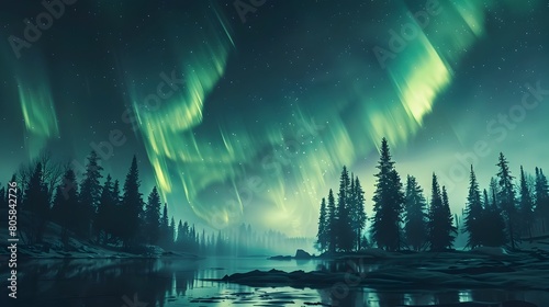 Enchanting Aurora Borealis Dance Lighting Up the Serene Night Sky Over a Tranquil Wilderness Lake © sathon