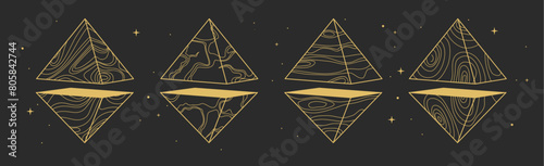 Set of Modern magic witchcraft cards with geometric pyramids or crystals. Line art occult vector illustration