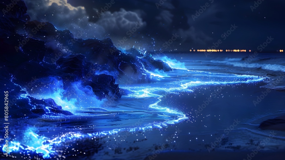 Glowing Bioluminescent Bay at Night - Enchanting Aquatic Landscape with Magical Blue Lighting from Tiny Marine Organisms