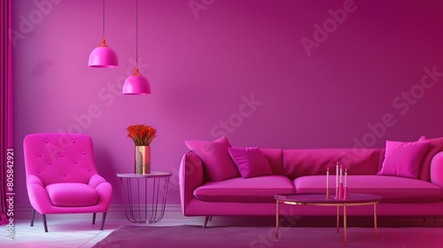 Minimalistic velvet magenta interior with sofa and a table with vase and flowers with sunlight from the window