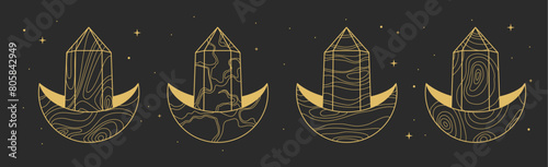 Set of Modern magic witchcraft cards with geometric crescent and crystal. Line art occult vector illustration