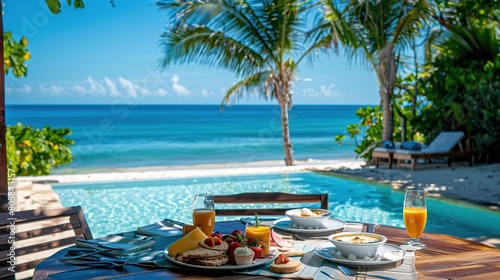 Breakfast on the beach by the pool with a look over the ocean. Generative Ai photo