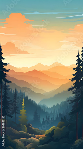 pine canopy dreams, ethereal dawn illuminating evergreen forest, mountains rising beyond