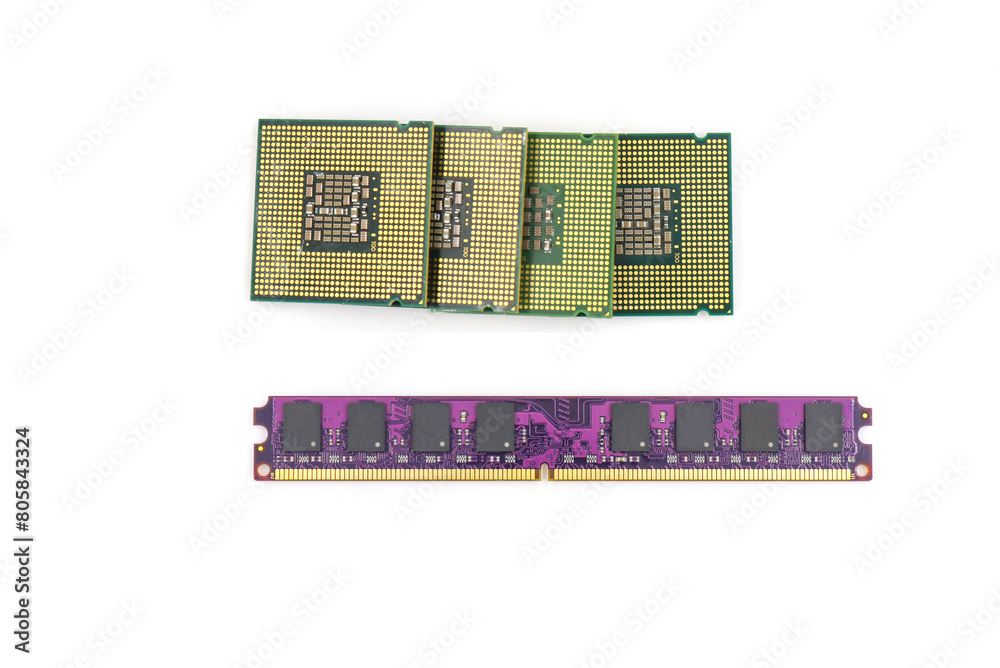 CPU and RAM isolated on a white background. CPU and RAM for a laptop. Set of RAM and processor. CPU and RAM isolated on a white background. CPU and RAM for a laptop. Set of RAM and processor.