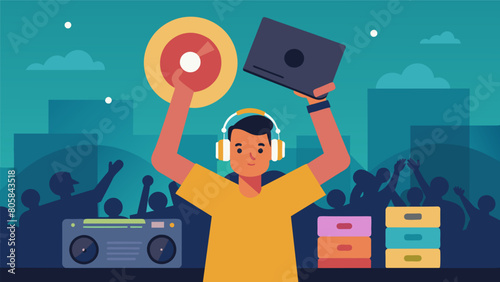 Each time the DJ switches out a record they hold up the cover for the crowd to see building anticipation for the next track. Vector illustration