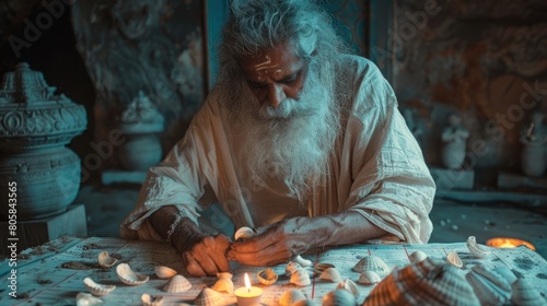 The bearded priest or jyotishi places cowri shells on the chart and counts them to predict the future photo