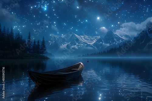 Serene Nighttime Boat Ride Across Tranquil Mountain Lake Beneath Starry Skies
