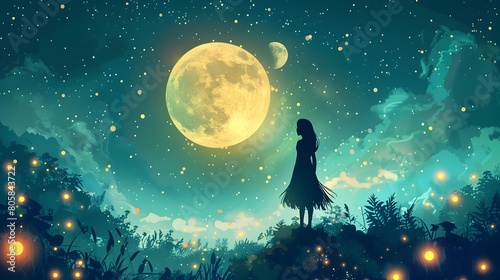 Silhouetted figure standing amid a magical,moonlit forest landscape with glowing,ethereal atmosphere and enchanting,starry night sky