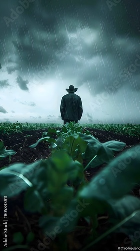 The Farmer's Resilience:Cultivating Prosperity Amidst Stormy Skies description:The image depicts a solitary figure,likely a farmer,standing in the