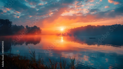 Tranquil Sunrise Reflection on Serene Lake Surrounded by Lush Forest Landscape