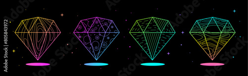 Set of Modern magic witchcraft cards with fluorescent geometric diamonds or crystals. Line art occult vector illustration