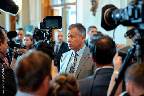 Serious male American politician talks with journalists, answers questions and gives interview for media and television news in government building. United States congressman during press conference