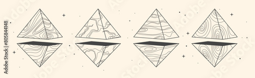 Set of Modern magic witchcraft cards with geometric pyramids or crystals. Line art occult vector illustration