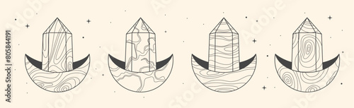 Set of Modern magic witchcraft cards with geometric crescent and crystal. Line art occult vector illustration
