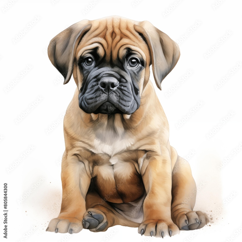 Bullmastiff dog. Puppy dog. Bullmastiff clipart. Watercolor illustration. Generative AI. Detailed illustration. Bullmastiff dog. Puppy dog. Bullmastiff clipart. Watercolor illustration. Generative AI. Detailed illustration.