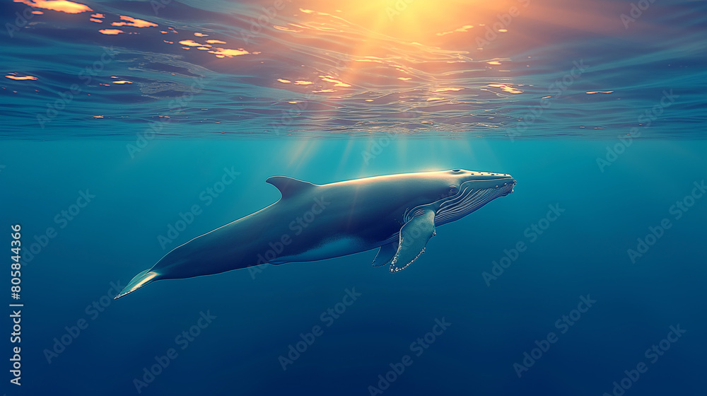 Obraz premium A dolphin is swimming in the ocean with the sun shining on it