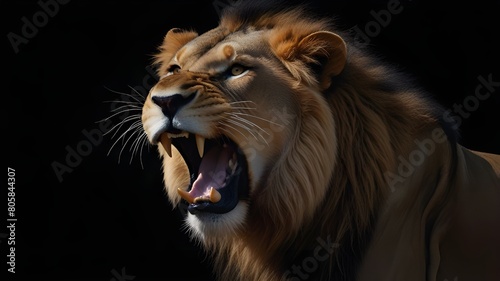 Portrait of a Lion roaring on a black background.