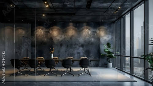 Empty modern conference room with dark cement wall and glass windows. Concept Modern Design, Empty Spaces, Dark Interiors, Conference Rooms, Glass Windows