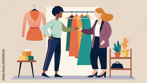 In the studio the stylist guides their client through racks of designer thrifted items expertly piecing together a statement outfit fit for a fashion. Vector illustration