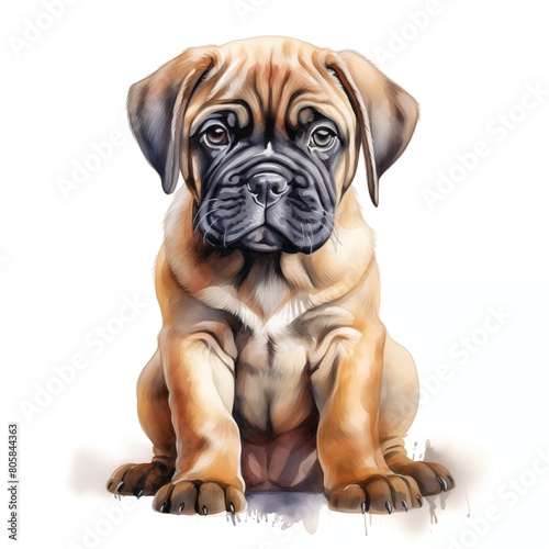 Bullmastiff dog. Puppy dog. Bullmastiff clipart. Watercolor illustration. Generative AI. Detailed illustration.