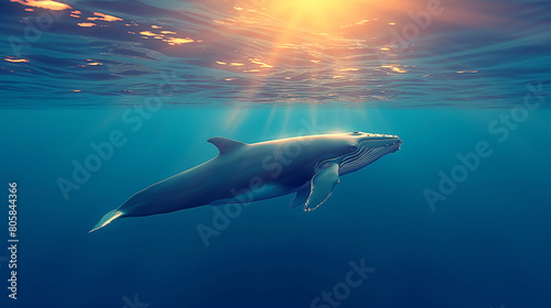 A dolphin is swimming in the ocean with the sun shining on it