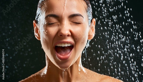 Junge Frau freut sich unter der Dusche. 