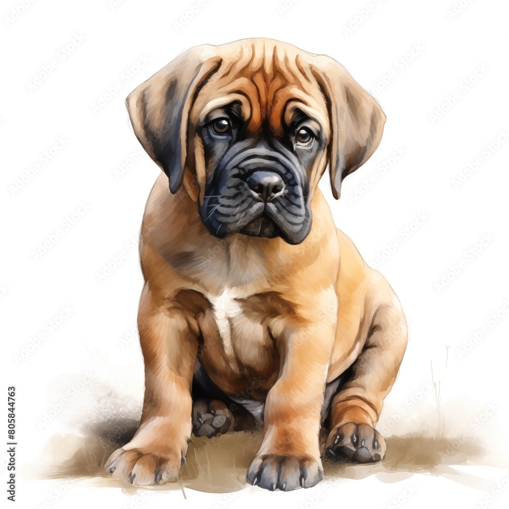 Bullmastiff dog. Puppy dog. Bullmastiff clipart. Watercolor illustration. Generative AI. Detailed illustration.